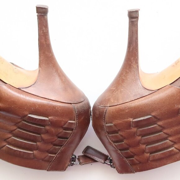 Givenchy Brown Leather Woven Strappy Open Toe Heels Sandals Luxury Bootie Shoes - Picture 9 of 16